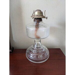 vintage kerosene oil lamp flower floral patter heavy clear glass 11x6.5 in